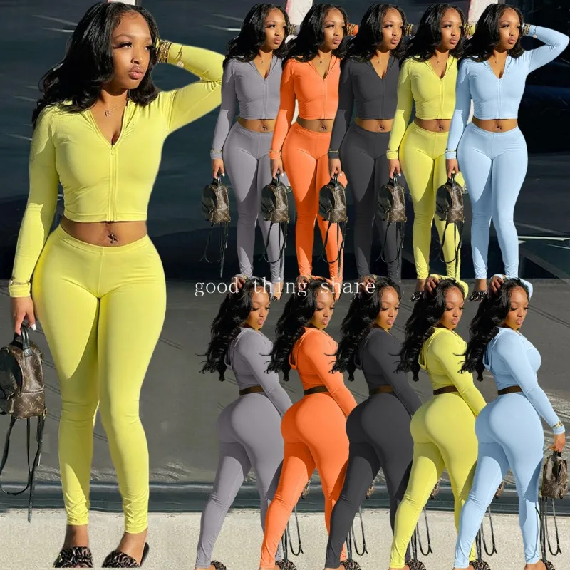 Fashion Solid Color Short Hood Top Sexy Tight Trousers Suit