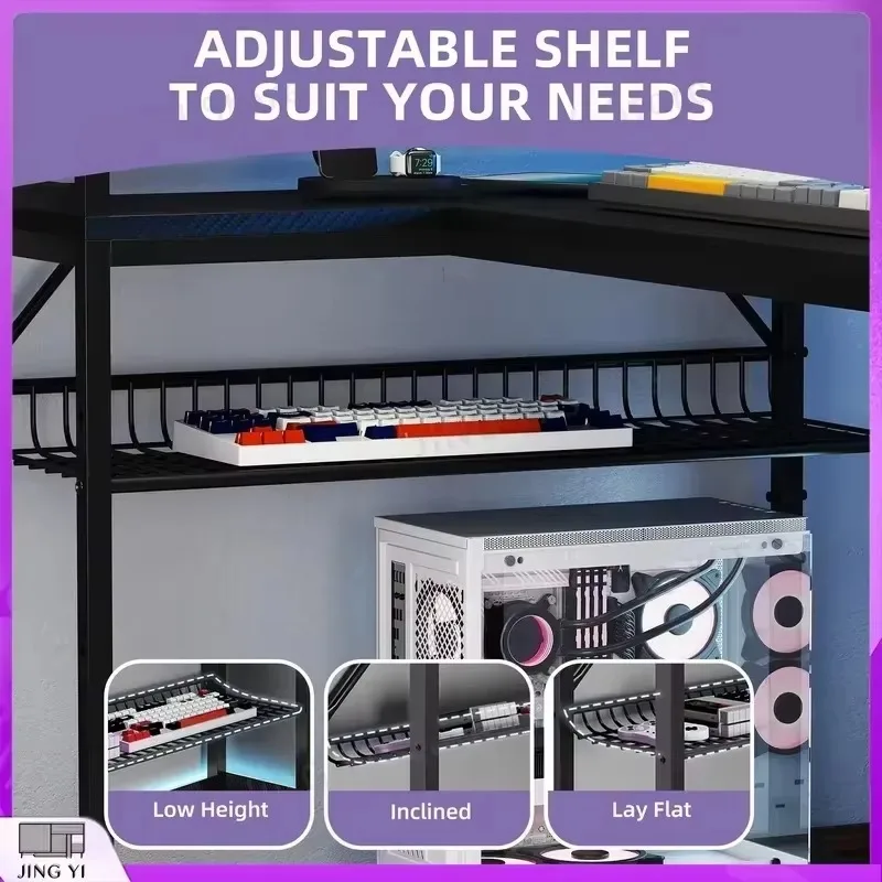 L Shaped Gaming Desk Carbon Fiber Black Corner Desk 106cm with Power Outlets LED Lights Storage Shelves Computer Desk