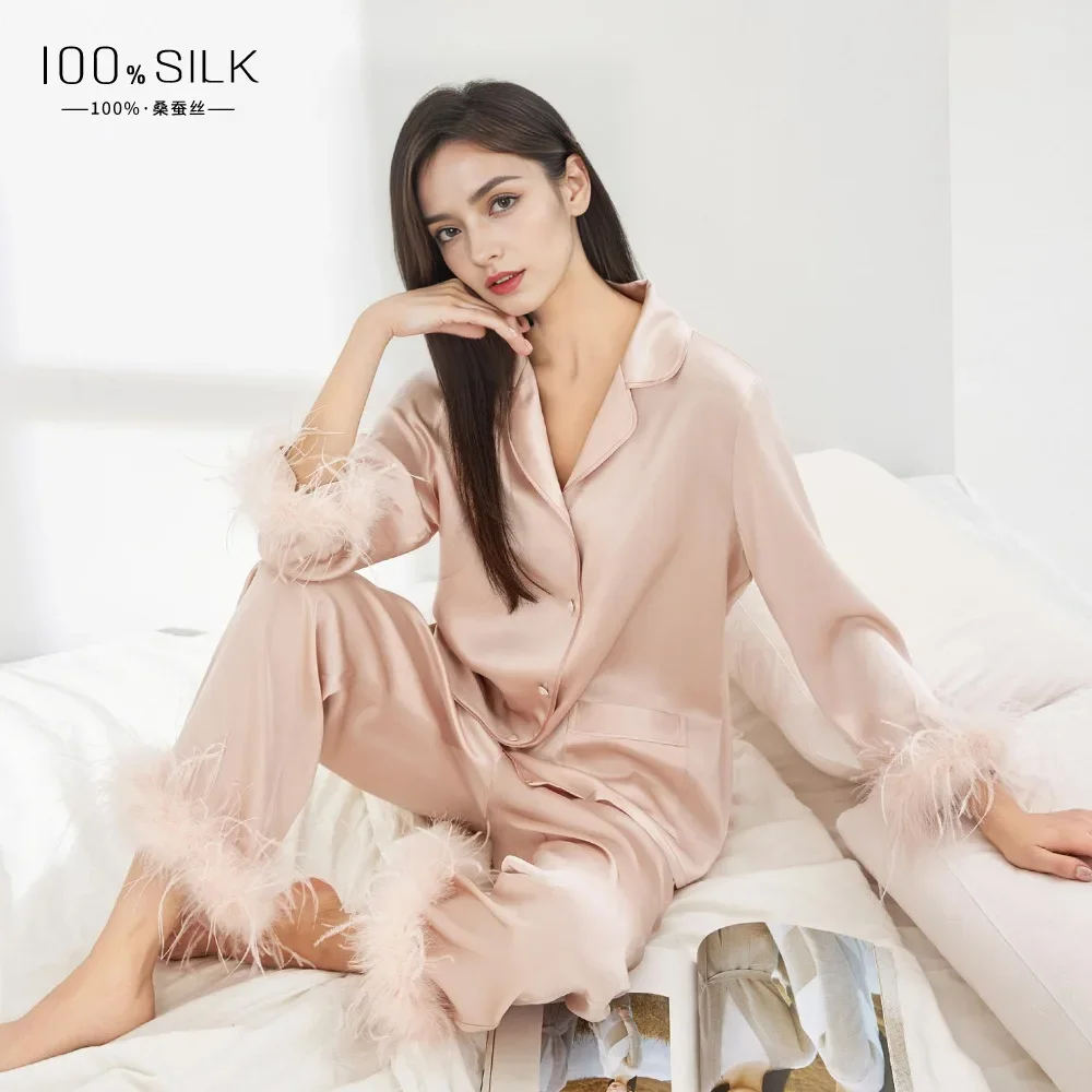 19MM Mulberry Silk Christmas Pajamas for Women Set Autumn and Winter Long-sleeved Ladies Nightwear With Detachable Feather Hem