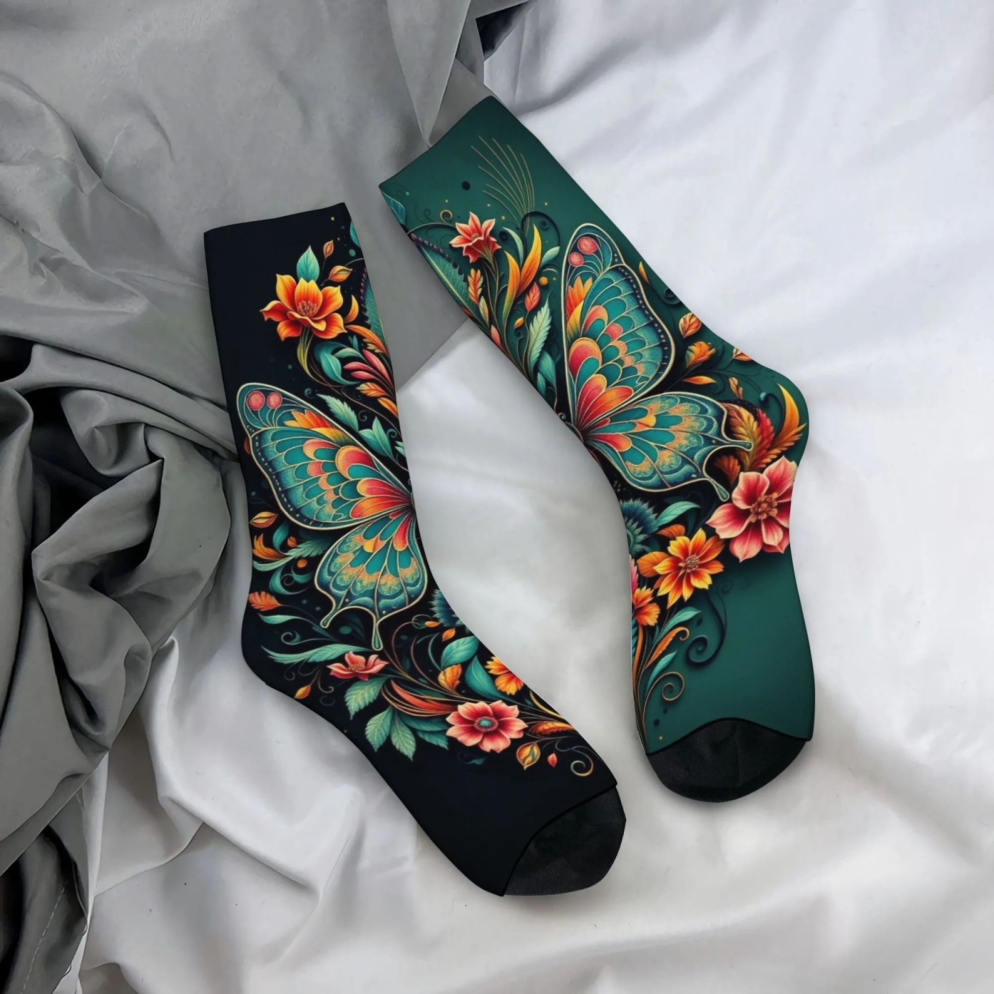 Bohemian Floral Butterfly Men's Socks Retro Style Comfortable Fashion Outdoor Casual Sports Socks Novelty Funny Happy Socks Gift
