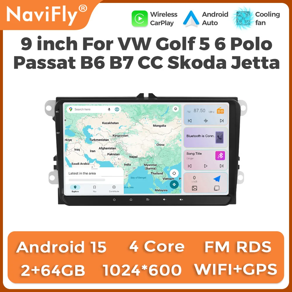 Navifly Android 15 Wireless Carplay Autoradio für VW Golf 5 6 Polo Passat B6 B7 CC Skoda Jetta Multimedia-Videoplayer GPS FM