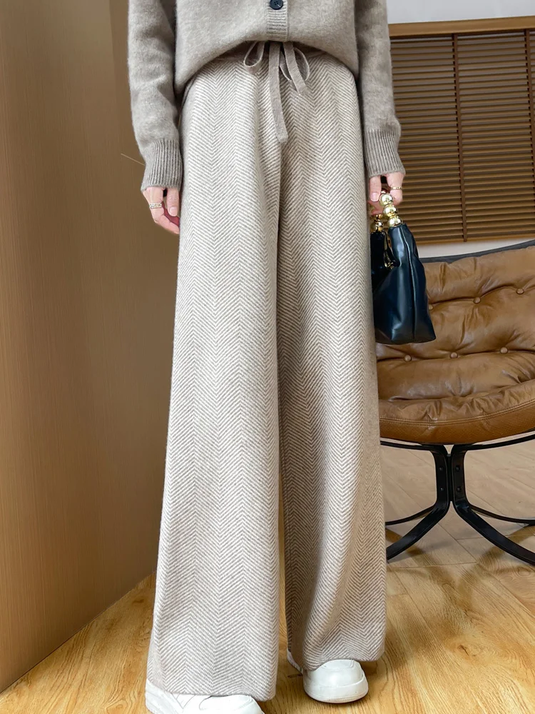 100% メリノウール レディース ワイドレッグ ルーズ 秋冬 厚手 カジュアル ファッション ニット カシミヤパンツ