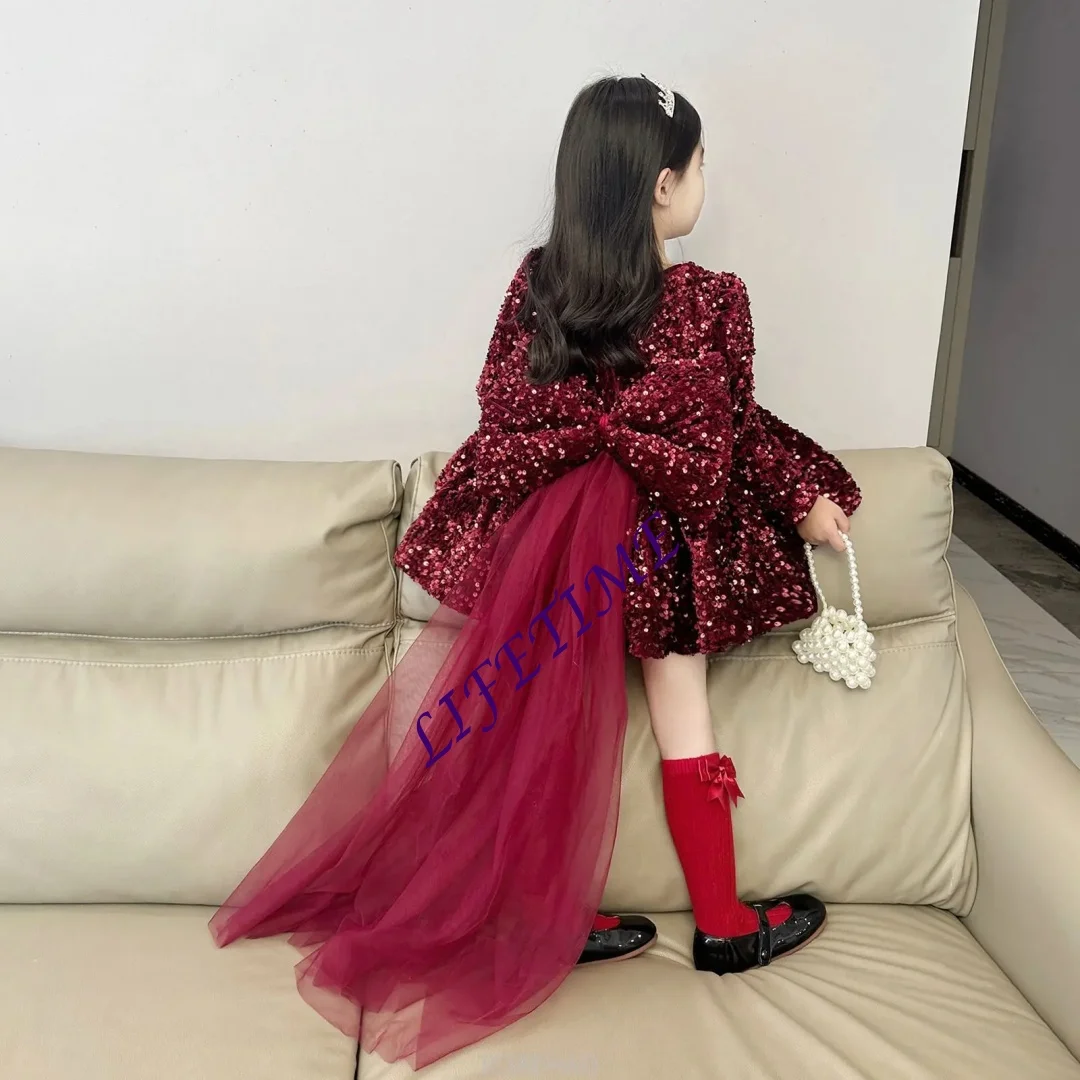 

CustomizedWed Dress Winter Kids Girls Glitter Fleece Princess Dresses Children Birthday Bow Train