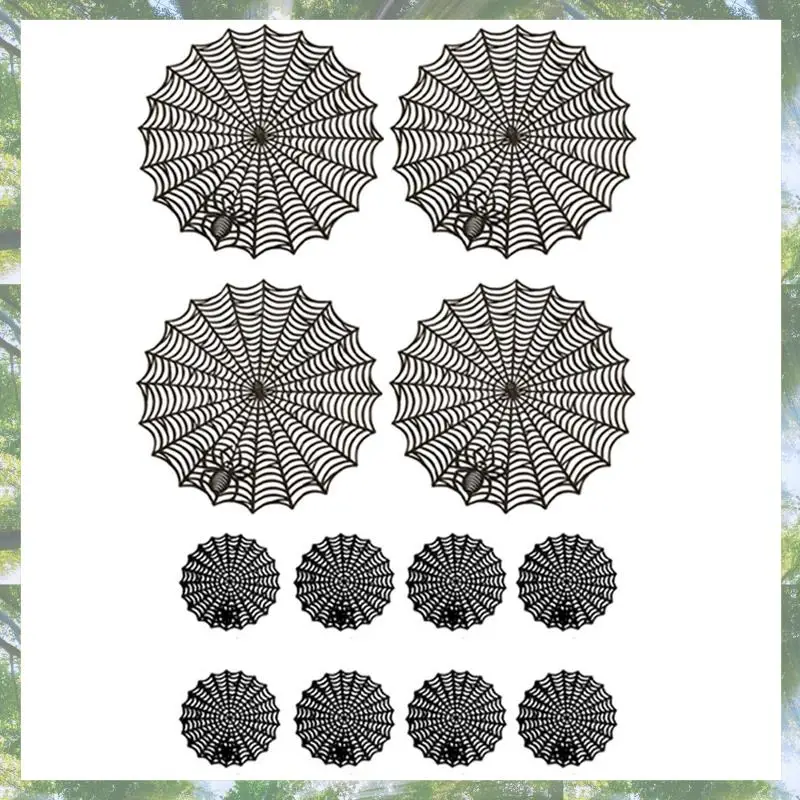2025 Trend 12Pcs 15Inch Halloween Spider Web Placemats 3.94Inch Cup Mat Halloween Placemats Spider Web Table Mats