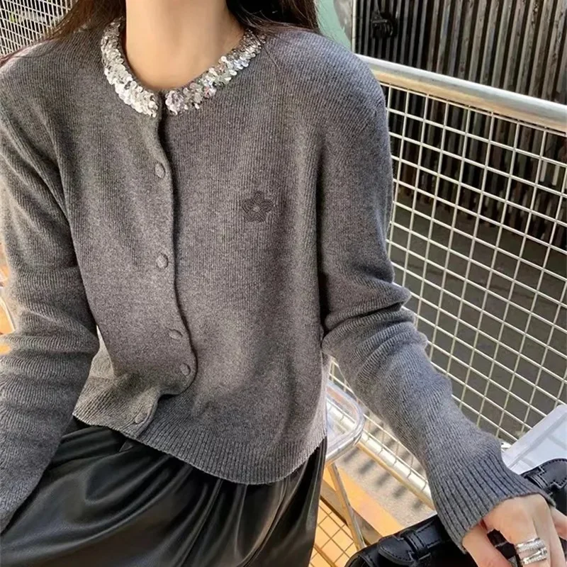 Grey sequined round collar knitted top jacket for women elegant short jacket office lady sweater coat autumn long sleeve clothes