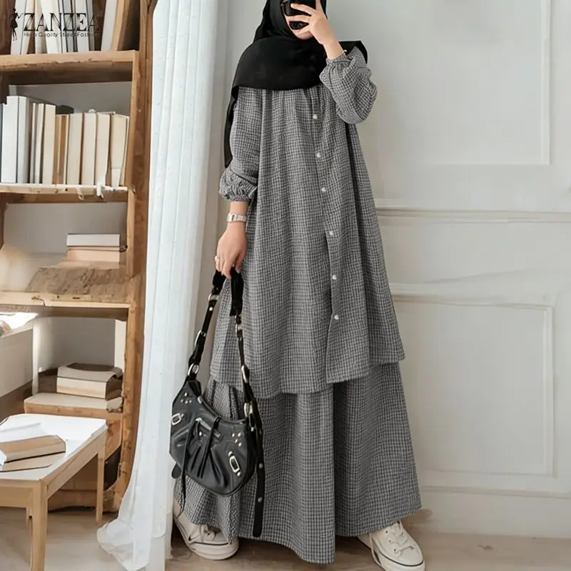 

2026 ZANZEA Muslim Hijab Tracksuit Women 2 Pieces Sets Long Shirt Dress Suit Long Sleeve Tops Kaftan Skirt Oversize Plaid Outfit
