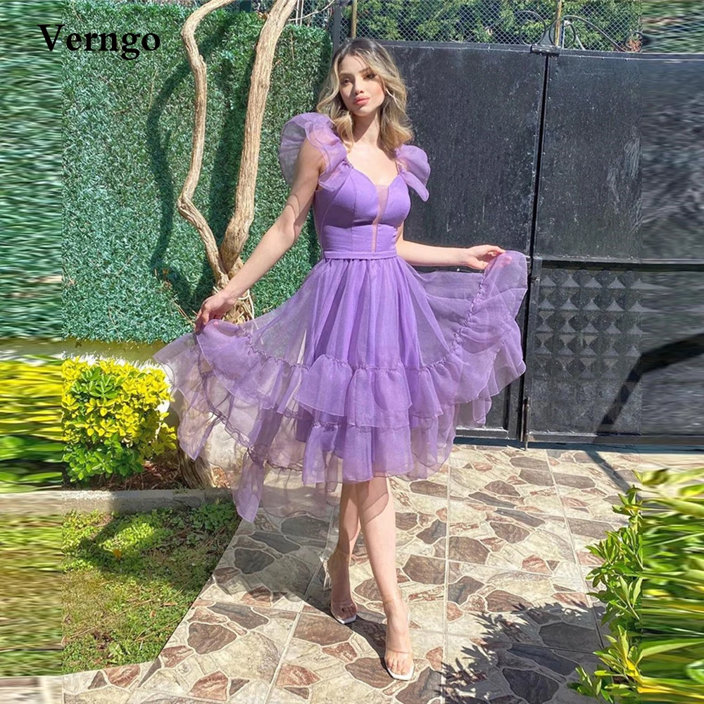 

Verngo Lavender Organza A Line Evening Party Dresses Cap Sleeves Square Neck Knee Length Prom Dress Boho Robe de soiree