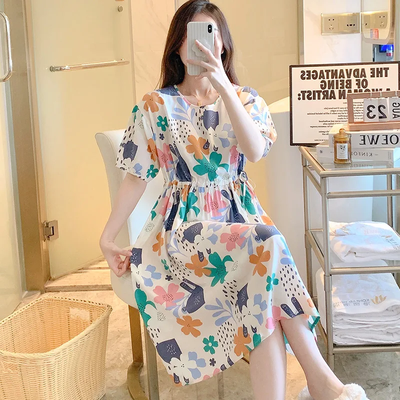 New Fashion Nightdress Ladies' Cotton Silk Nightgown Gown Outerwear Dress Sleepwear Women Elastic Belt