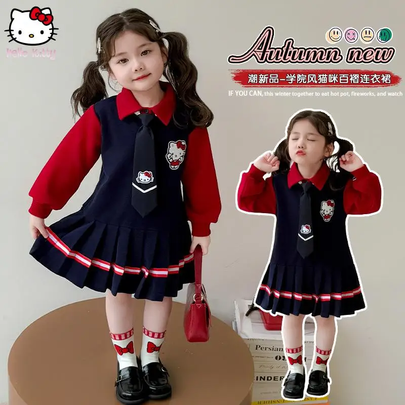 

Sanrio, весенне-осеннее платье принцессы «Hello Kitty» для девочек, повседневная модная детская одежда, детские платья, кавайная плиссированная юбка