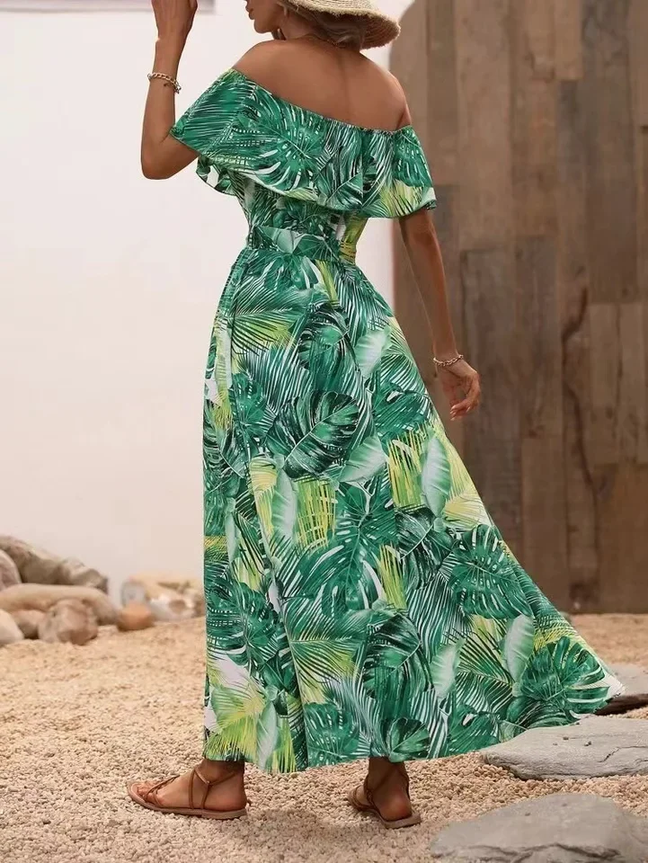 2024 Zomer Mode Nieuwe Gedrukt Jurk Vrouwen Elegante Een Lijn Kraag Verstoorde Lace Up Lange Rok Casual Resort Stijl Strand jurk