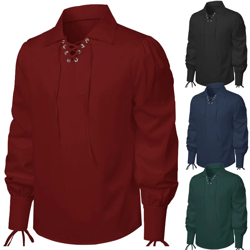 Viking Renaissance Style Lace-Up Shirt — Suitable for Mercenaries, Halloween, and Scottish Men's Attire