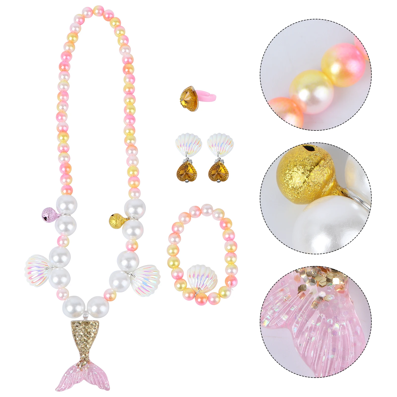 

Pearl Necklace Bracelet Set Baby Gift Sweet Accessories Mermaid Pendant Kids Clip Jewelry Style Ring