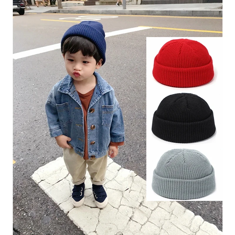 2025, gestrickte Wintermütze für Jungen und Mädchen, einfarbig, hält warm, mit Schlaufe, kleine Beanie-Mützen, hält den Kopf warm, Wintermützen, Gelb, Rot – Detail 1