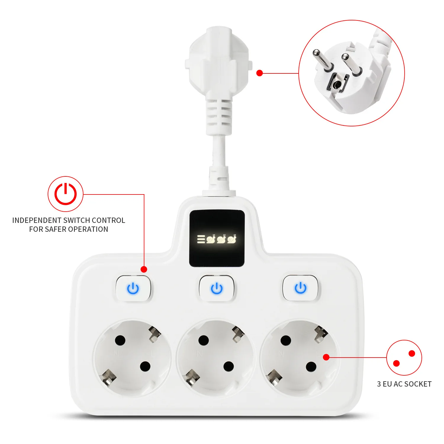 3 Outlet European Style Specialty Power Socket with Independent Switches Flame Retardant Household Power Strip