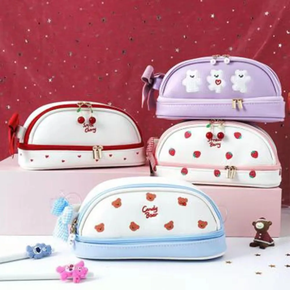 Cartoon Bear Pencil Case Smile Cherry PU Leather Cute Pencil Bag Stationery Strawberry Double Layer Pen Pouch Girl