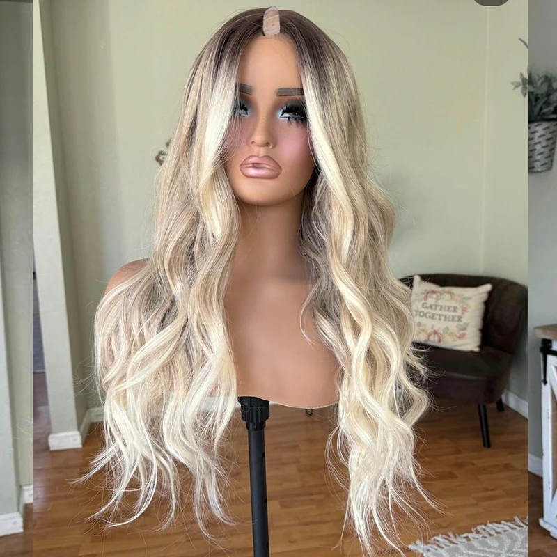 Super 100% Human Hair Machine Made 1X4 U Part Wigs for Women ASH Blonde Ombre Highlight 1X4 V part Remy Peruvian Human Hair Wigs