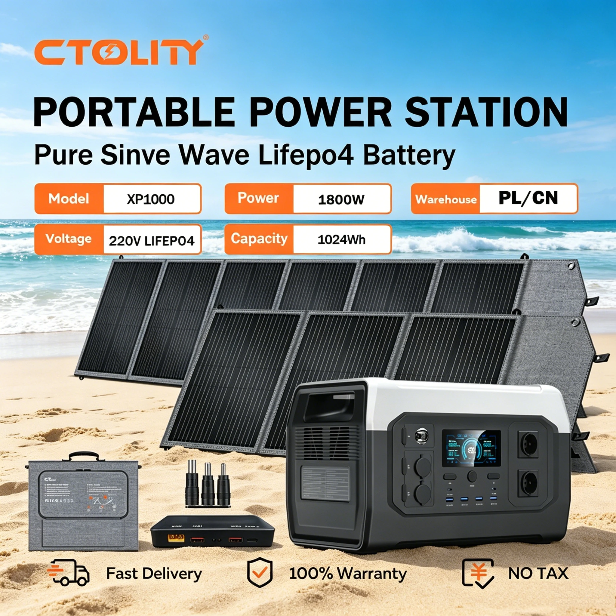 

CTOLITY XP1000 1800W Solar Generator 100W/200W Solar Panel 1024Wh Portable Power Station 220V LiFePO4 Battery Pure Sinve Wave