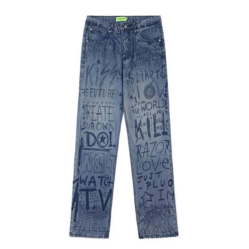 

Graffiti Printed Hip Hop Jeans Pants Men Harakuju Blue Streetwear Denim Trousers Loose Fit Vintage