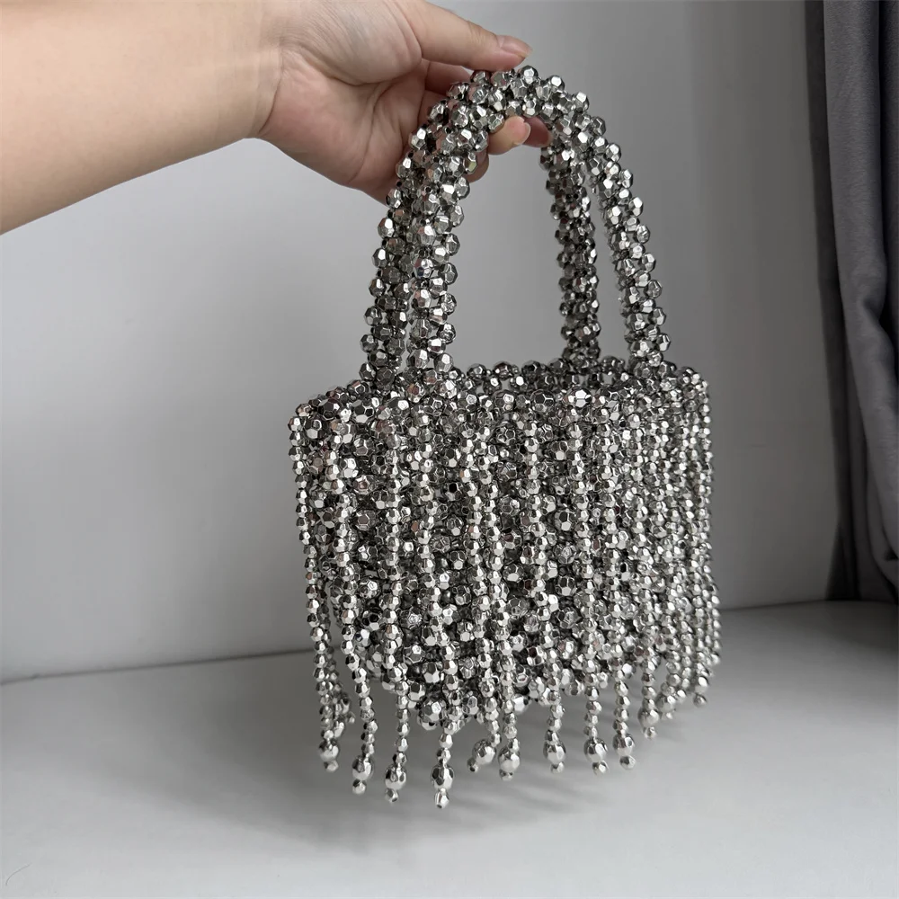 Handmade Silver Beaded Bags For Women Handbags Tassel Fashion Trend Beach Vacation Beading Phone Clutch Party Bags