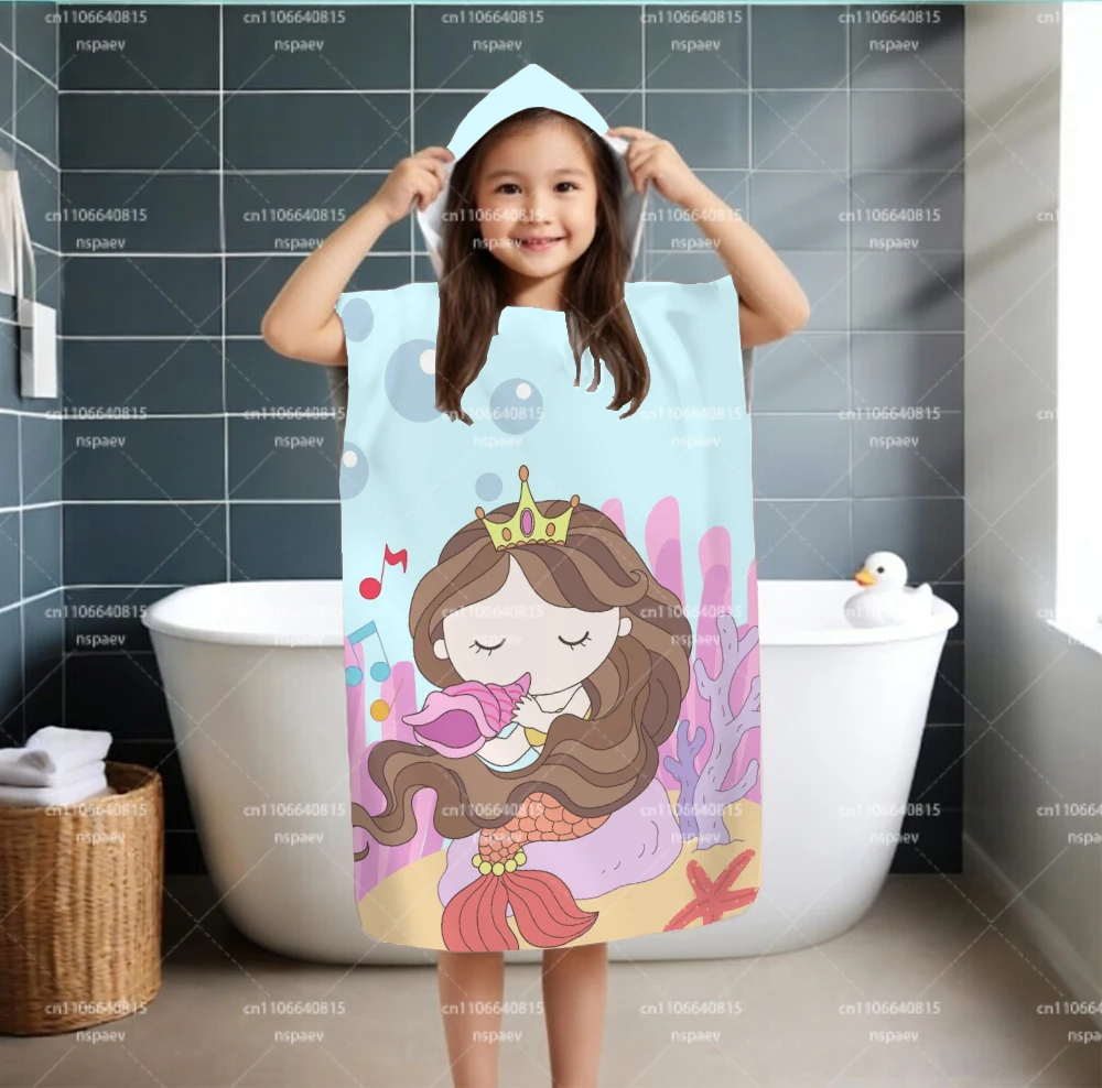 Kids Cute Mermaid Hooded Bath Robe, Soft Absorbent Bath Poncho for Girls Beach Pool Shower