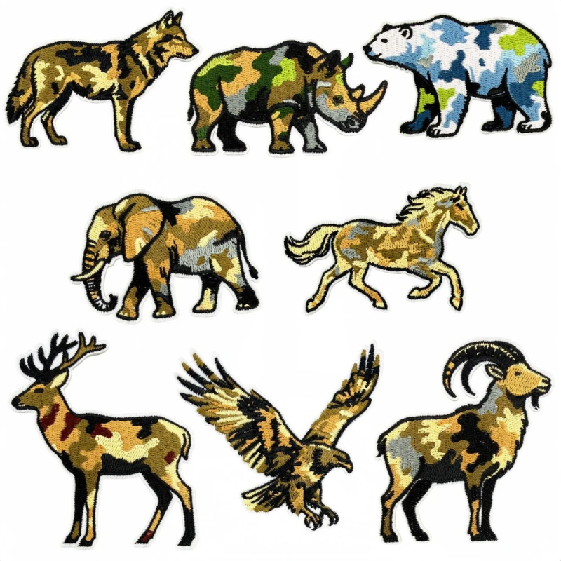 New Camo Wildlife Iron-on Embroidery Patches Cartoon Elephant Wild Horse Goat Rhino Wolf Eagle Sew Patch Badge DIY Clothing Bags