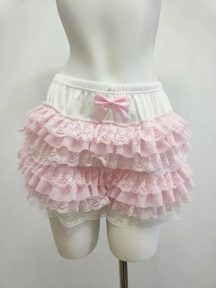 Cute Lace Shorts Women Ribbons Flowers Elastic Waist Lolita Style Multilayer Bottoming Shorts for Sweet Girls Kawaii Clothes