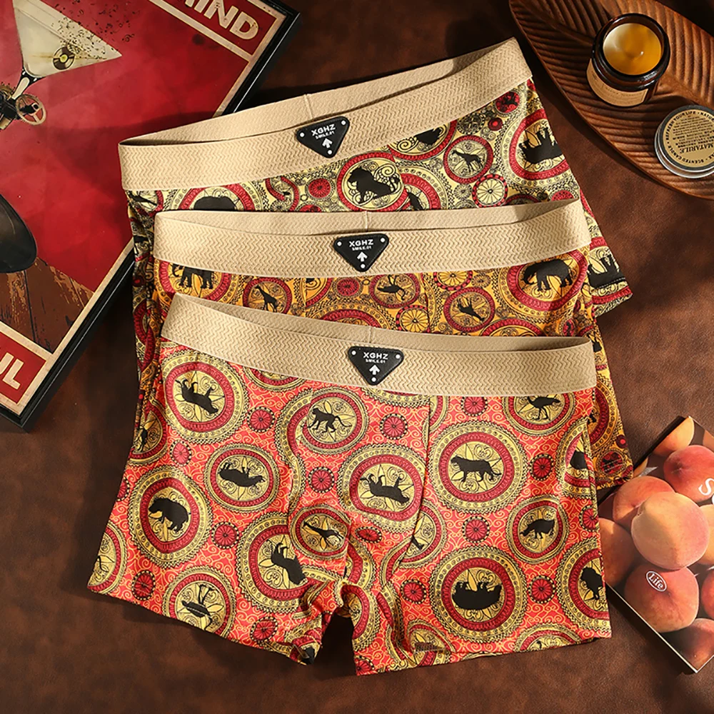 

3PCS/Pack 100% Cotton Vintage Print Boxers Hombre Sexy Hip Lifting Men's Panties Autumn and Winter Cozy High Elastic Undrewear