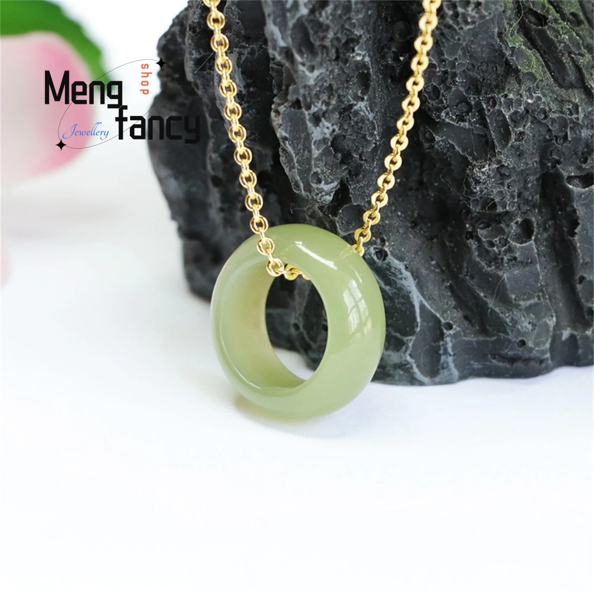 Natural S925 Silver Hotan Jade Peace Ring Necklace Simple Generous Personality Fashion Versatile Luxury Beauty Ornaments Jewelry