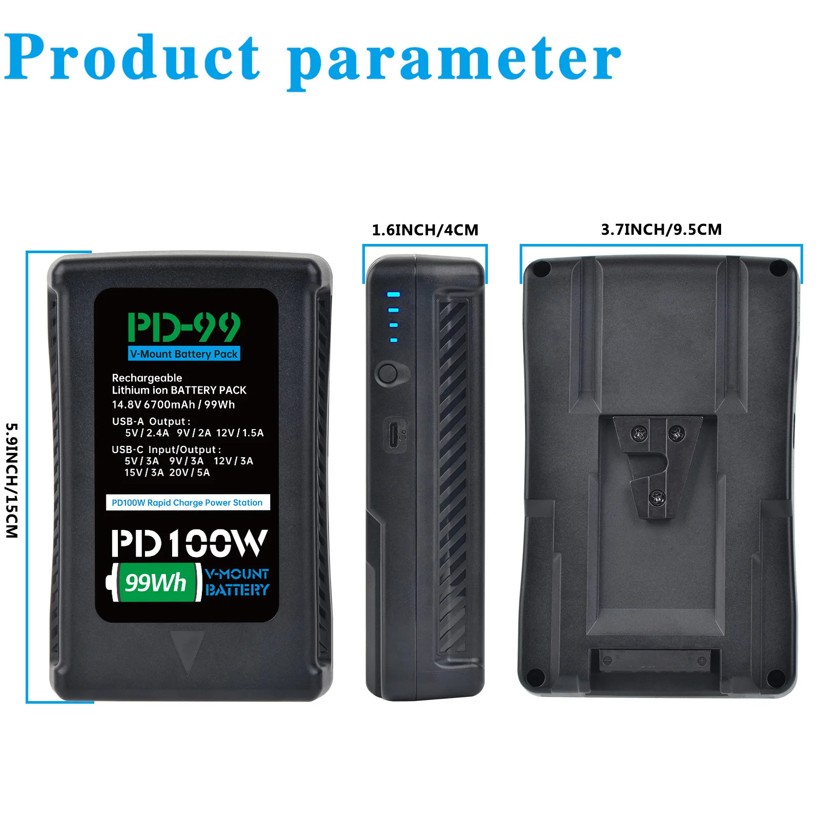 Аккумулятор с V-образным креплением, порт USB-C и адаптер переменного тока мощностью 65 Вт для видеокамеры Sony Broadcast, светодиодная видеолампа Blackmagic URSA Mini Pro