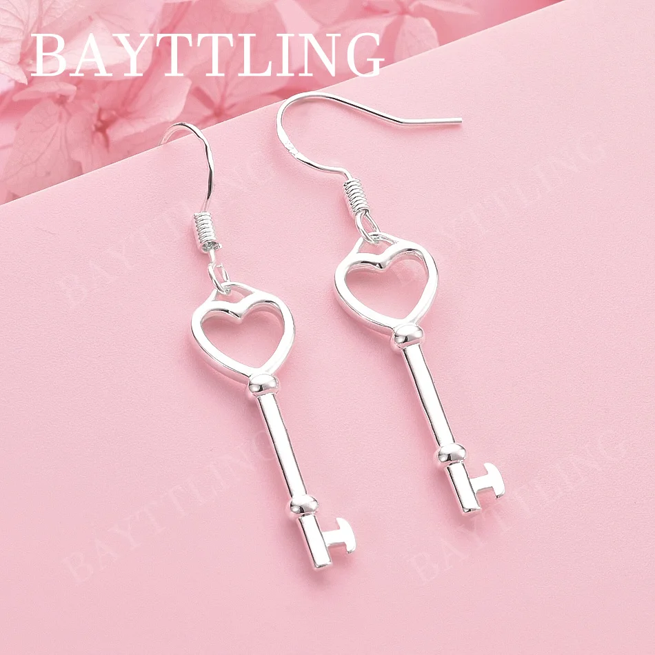 

Luxury 925 Sterling Silver Delicate Heart-Shaped Key Earrings for Women, Fashionable Wedding Gift Jewelry Accessories