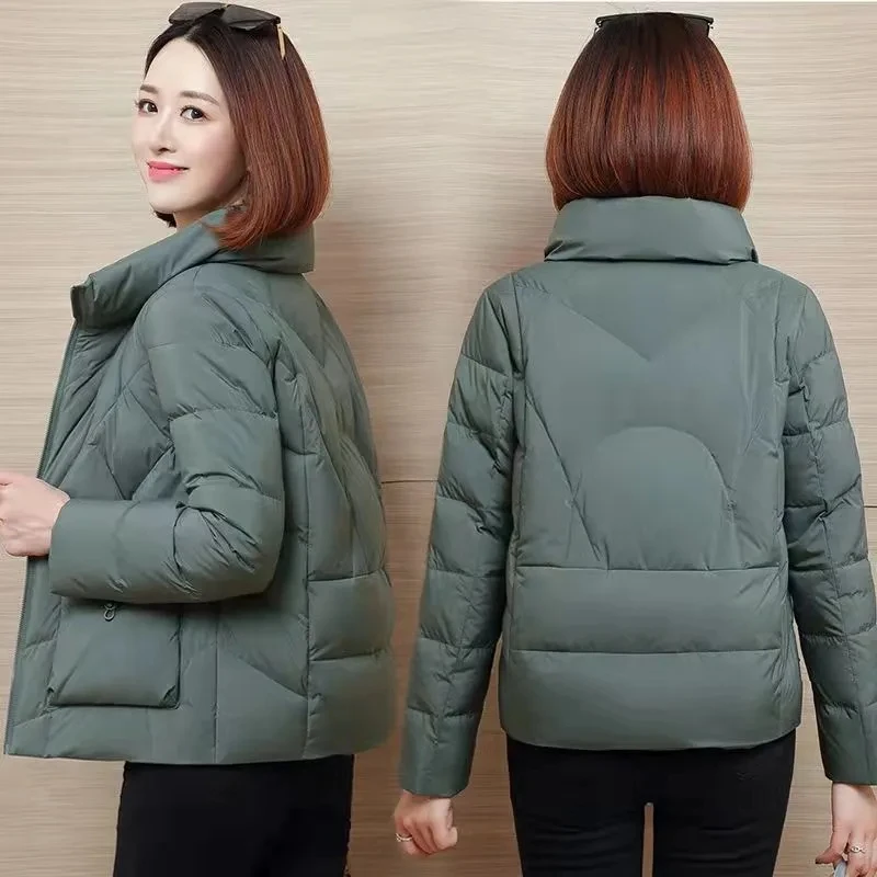 Mantel katun wanita, jaket musim dingin wanita baru 2023, jaket Down pendek, kerah berdiri, tebal, empuk, mantel hangat longgar, pakaian luar Parkers wanita