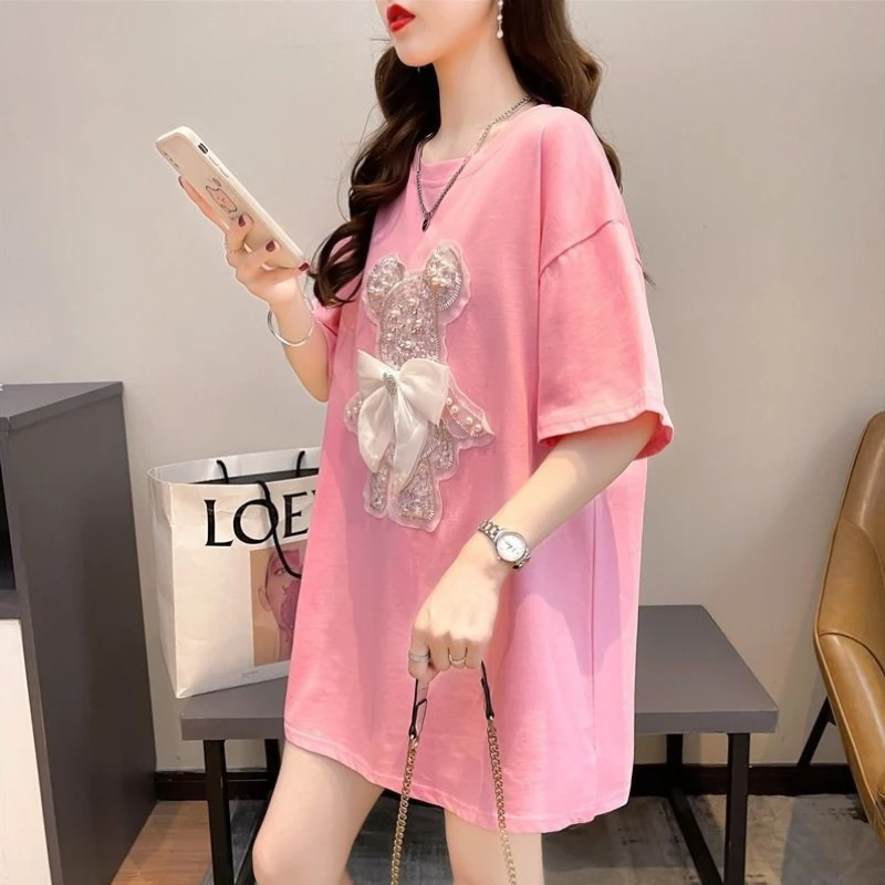 

Hot Selling European Inspired Beaded Short Sleeve T Shirt Women 2026 Summer Loose Fit Mid Length Casual Top
