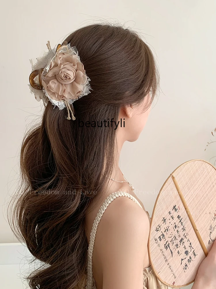 Chinese Style Traditional Dried Rose Flower Barrettes Women's New Atmosphere Grip Head Decoration Head Flower