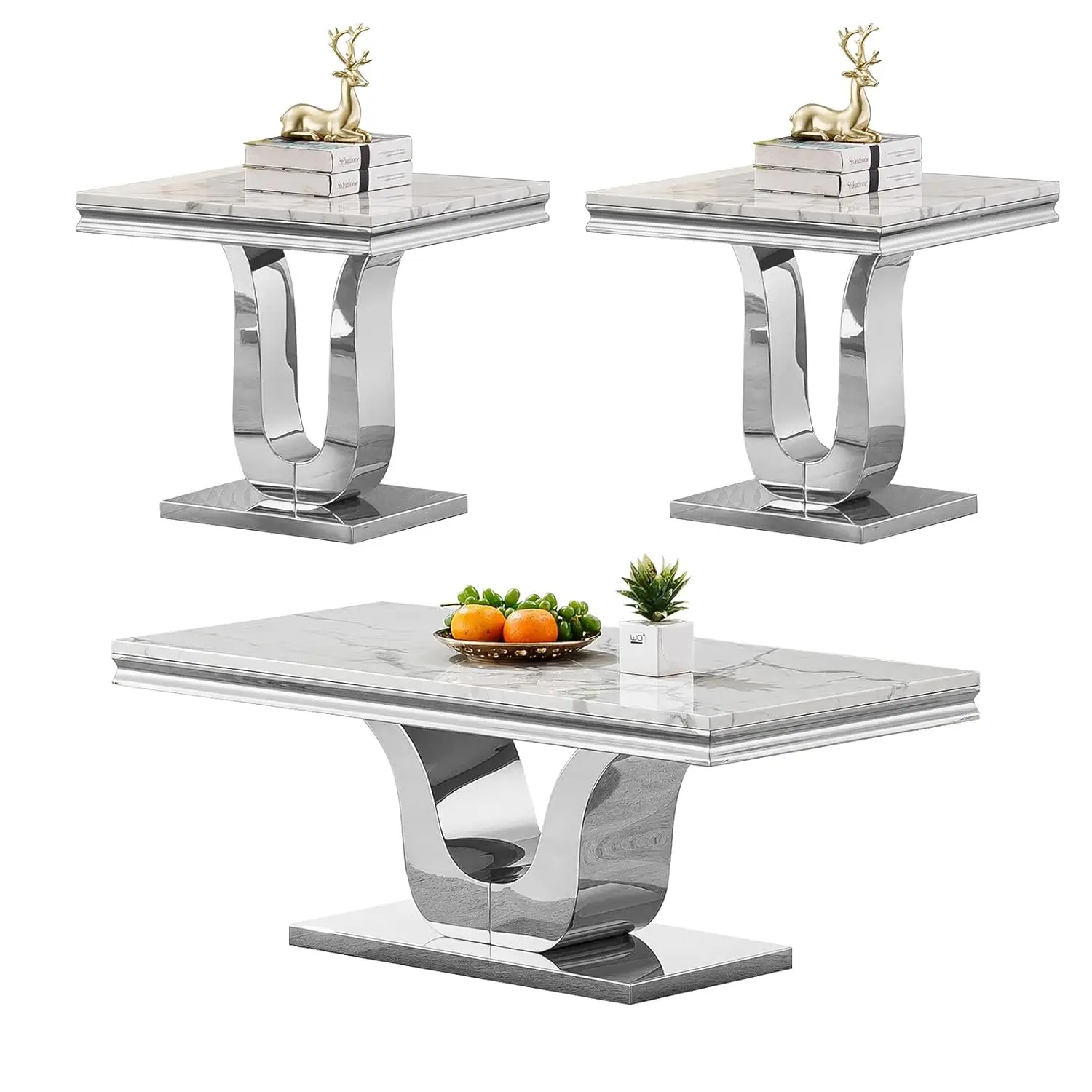 

3-Piece Faux Marble High Gloss U-Shape Stainless Steel Base Coffee & End Table Set Modern Living Room Furniture, Customized