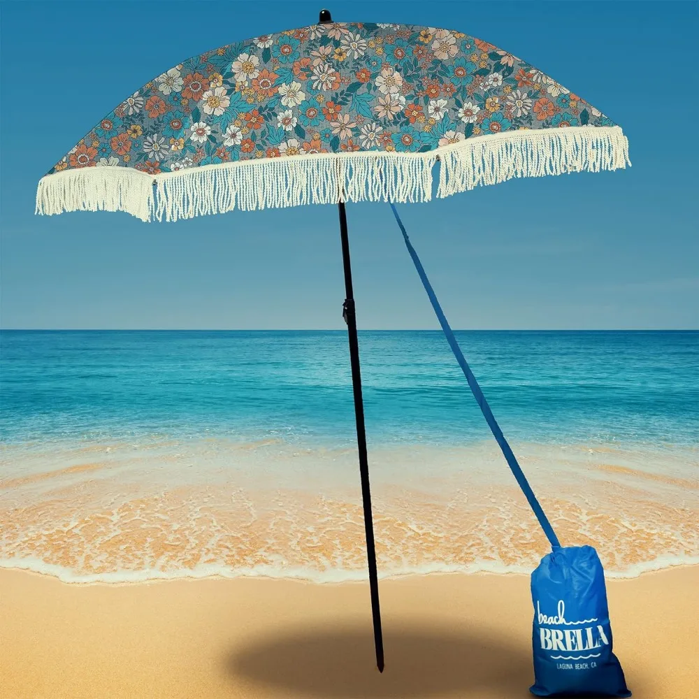 Beach Umbrella - Windproof Beach Umbrella with Sand Anchor Bag, Portable Sports Umbrella, Tassels, Cowboy Beach Umbrella Bag