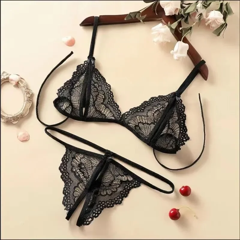 Women's Sexy Lace Crotchless G-string Lingerie Set Low Waist Three-point Non-Adjustable Hollowed out Underwear