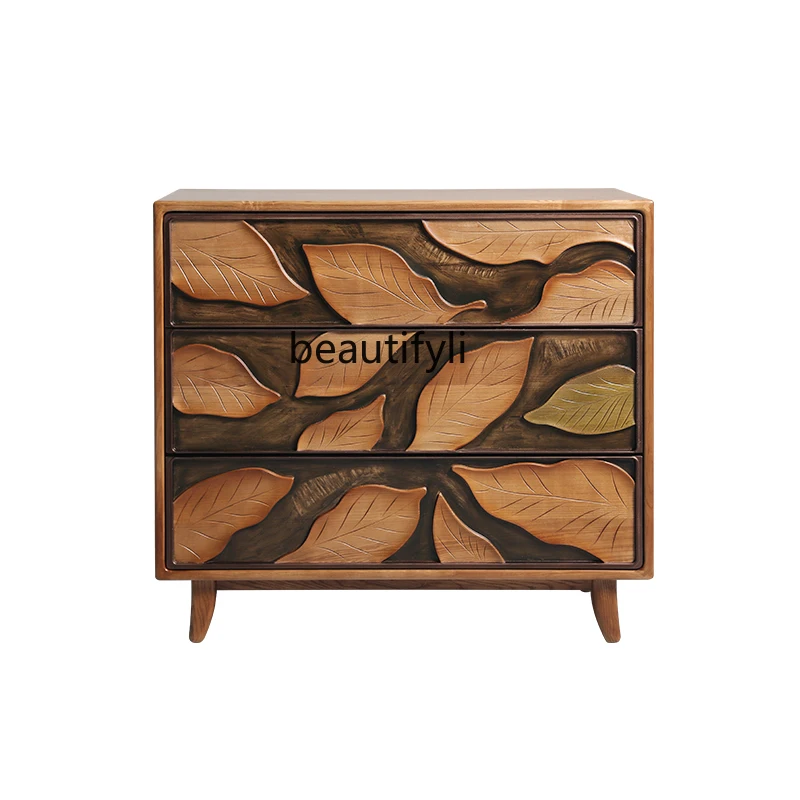 Log wind retro art chest three drawers bedside table ash wood relief maple leaf locker