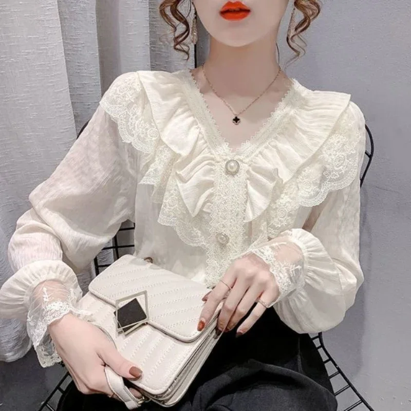 Blusa blanca de moda para mujer, camisas de gasa con cuello levantado, Blusas de encaje con volantes de manga larga Vintage, Tops 2023