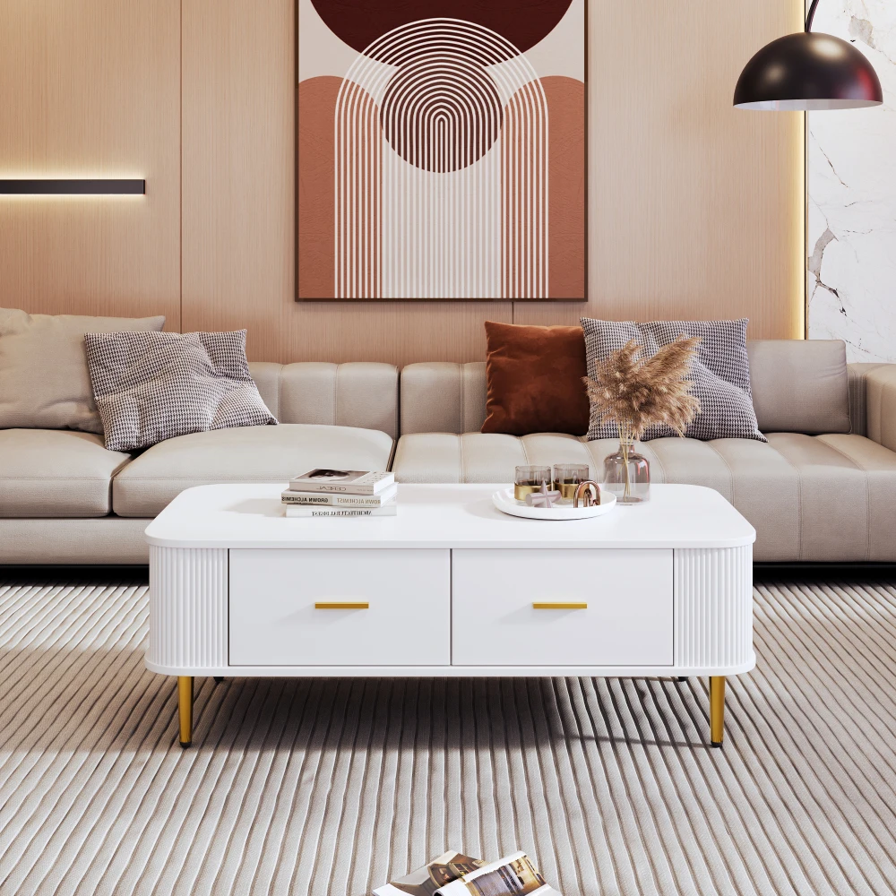 Gebogener Eck-Wohnzimmertisch, goldene Hardware, gewellte Seiten, Doppelfunktions-Couchtisch und Beistelltisch mit Schubladen – Detail 12