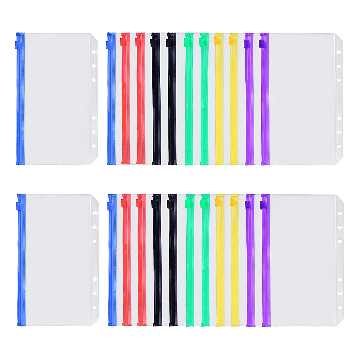 24Pcs Waterproof PVC Binder Pockets A6 Size Multicolor Zipper Cash Envelopes for 6-Ring Notebook Binder Planner