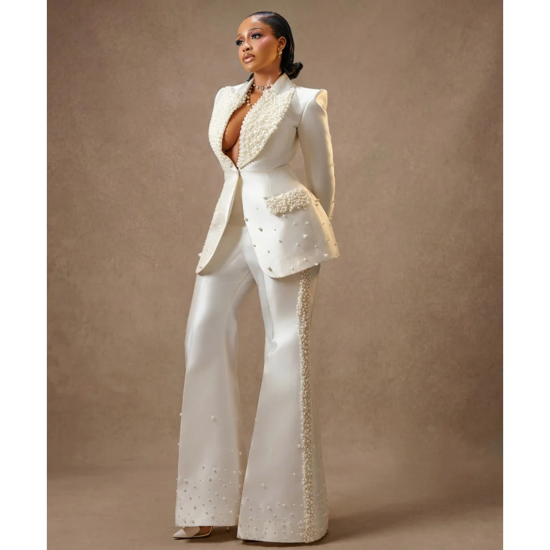 2 Pcs Women Blazer Suits Bridesmaid Dress Long Sleeves Pearls Luxury Party Gown Fashion Ladies Jacket Pants Customized