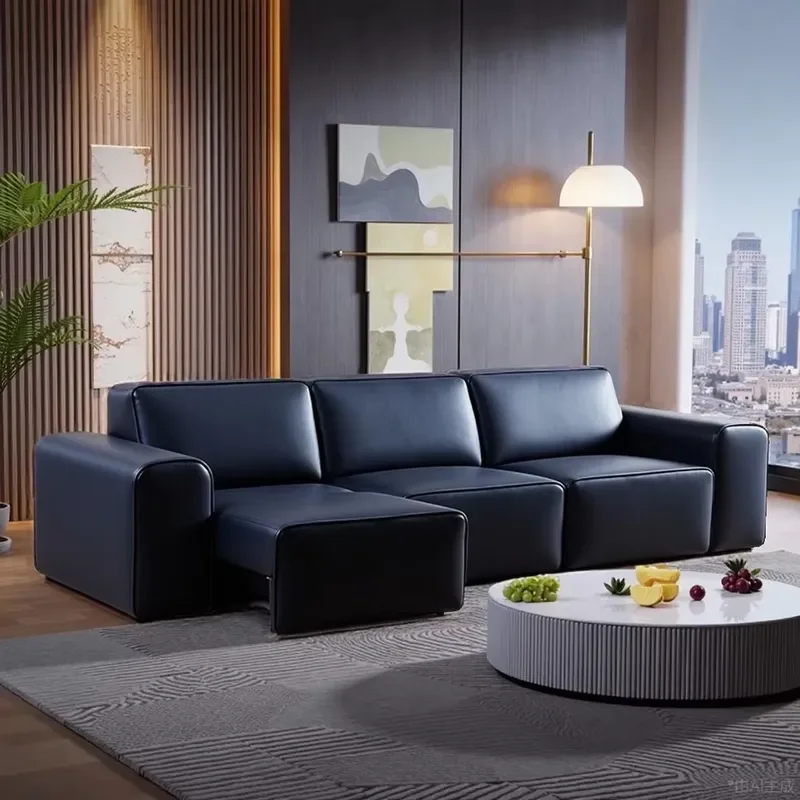 Italian Normcore Big Black Cow Leather Electric Retractable Push Bed Sofa Living Room Set with Straight Tofu Block Sofa
