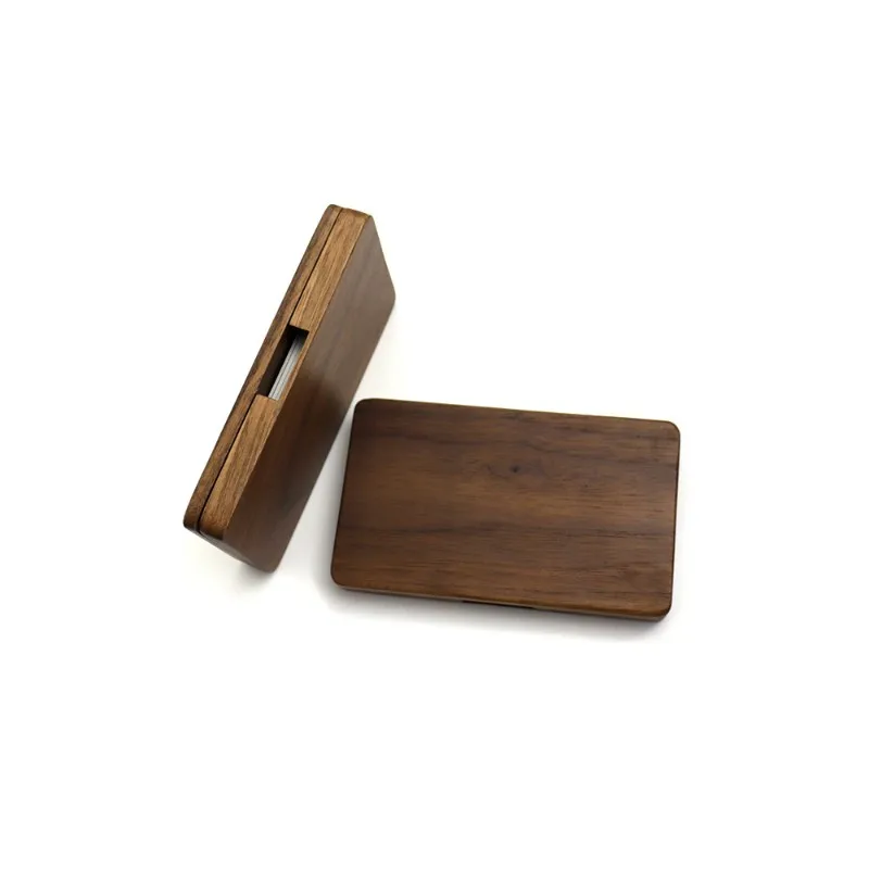 Popular Portable Walnut Business Card Holder Magnetic Closure Geometric Design
