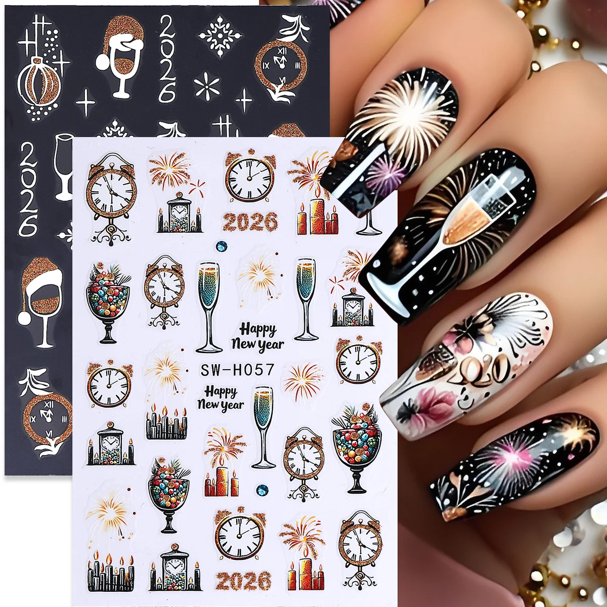 Nail Art Trend 2026 - 2 pezzi riflettenti glitter capodanno orologio