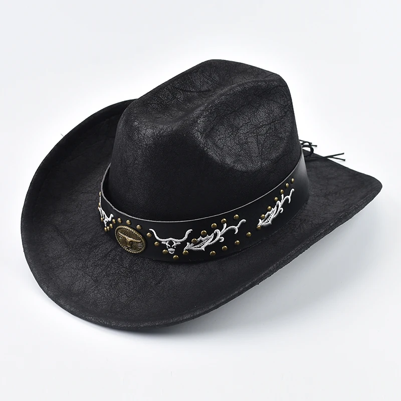 

Faux Leather Cow Print Cowboy Hat Vintage Gentleman Cowgirl Jazz Hats for Men Women Sombrero Hombre