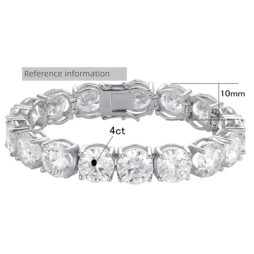 4ct 10mm D Color Moissanite Tennis Bracelet 925 Sterling Silver Plated White Gold Bracelet for Women Man Sparkling Party Jewelry