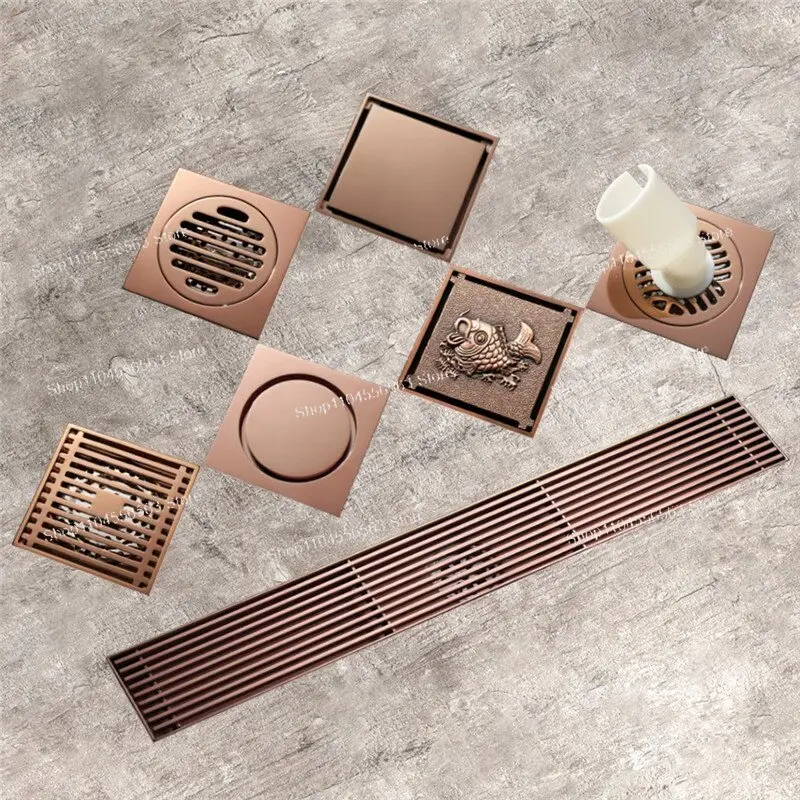 Rose Gold Brass Floor Drain 10cm Square, Anti-Odor Shower Waste with Removable Cover for Bathroom