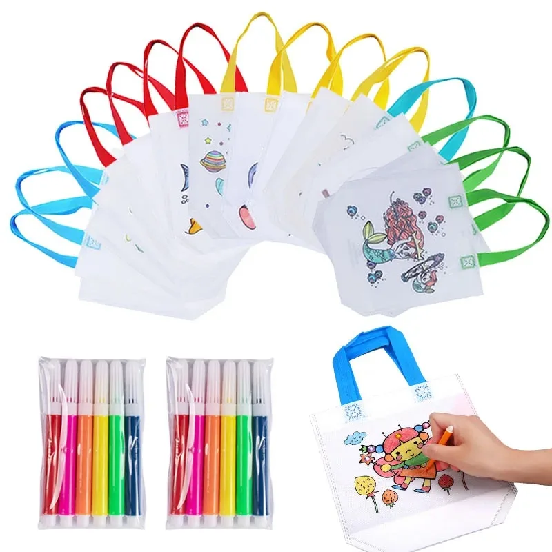 DIY Coloring Goodie Bags with Coloring Markers Party Gift Bags for Kids Toy Storage Bag Eco Non-Woven Fabric Shopping Bags