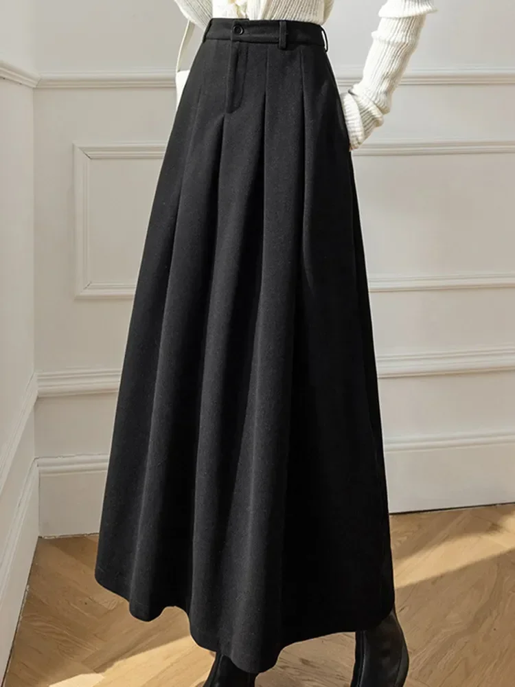 Women Maxi Skirt Korean Elegant Office Lady Long Skirt Autumn Winter Warm Pleated Skirts Ladies Casual Loose A-Line Skirt Female