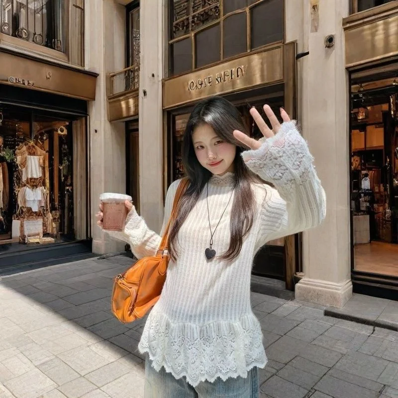 Camiseta de manga larga con volantes y encaje para mujer, diseño de moda, prenda interior, camiseta base, top de punto informal y moderno para otoño
